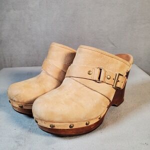 UGG Natalee Clog Mules Womens 7 Tan Leather Wooden Platform Boho Retro Western